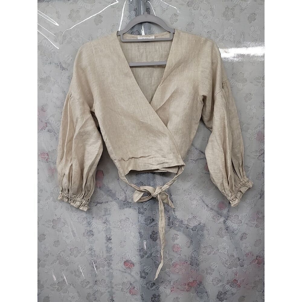 Dissh Wrap Front Balloon Sleeve Crop Top - Beige Size Small - Picture 2 of 9